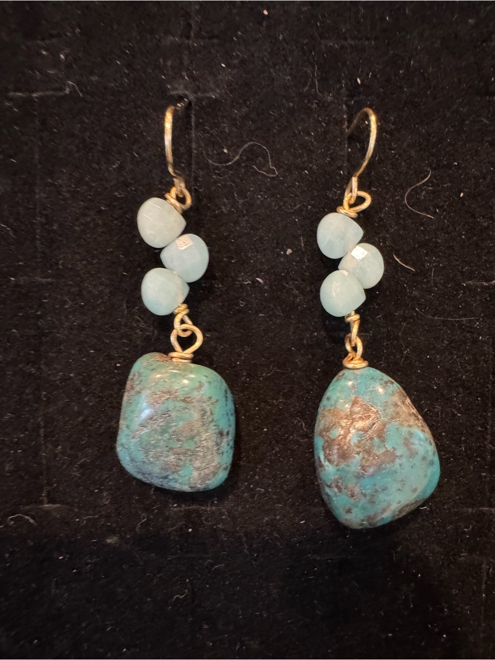 Turquoise Blue Stone Beaded Dangle Earrings Gold Tone Boho Southwestern